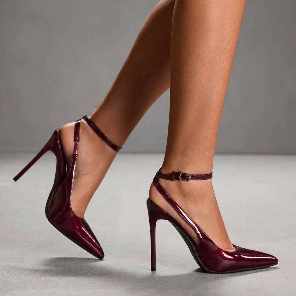Burgundy Sexy Women's Pointed Toe Stiletto High Heel Ankle Strap Backless Pumps - Picture 4 of 10